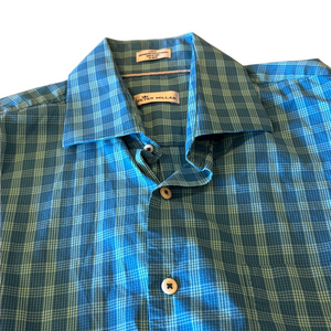 Peter Millar Mens Aqua Plaid Large Long Sleeve Button Down Shirt